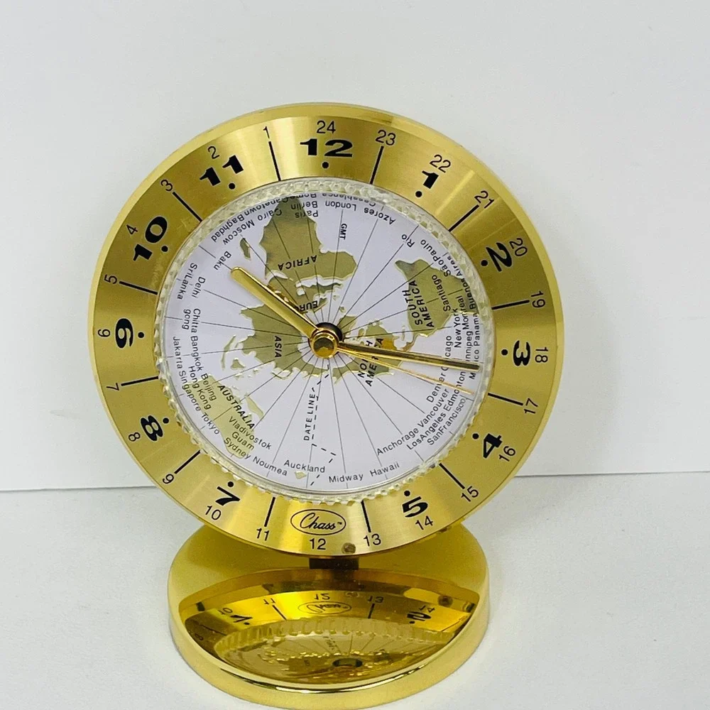 Chass World Time Desk Clock Gold Tone Professional Travel Executive For Parts